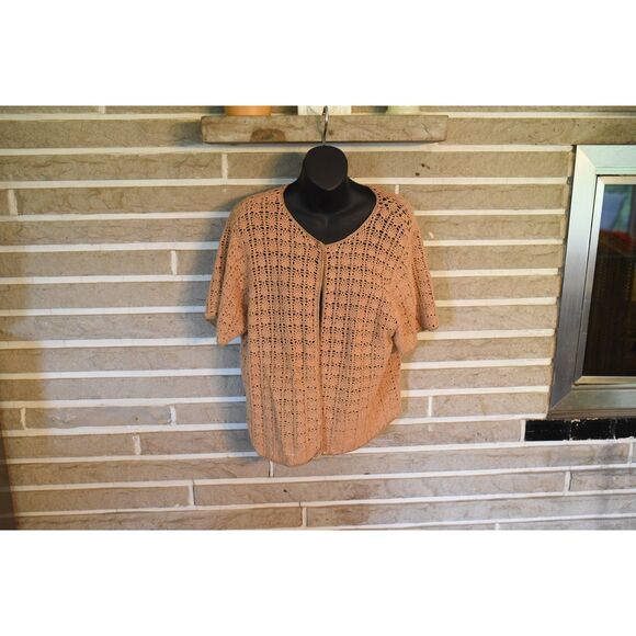 Tan brown Crochet Short sleeve cardigan boho beaded open knit XL vintage summer - Picture 1 of 8